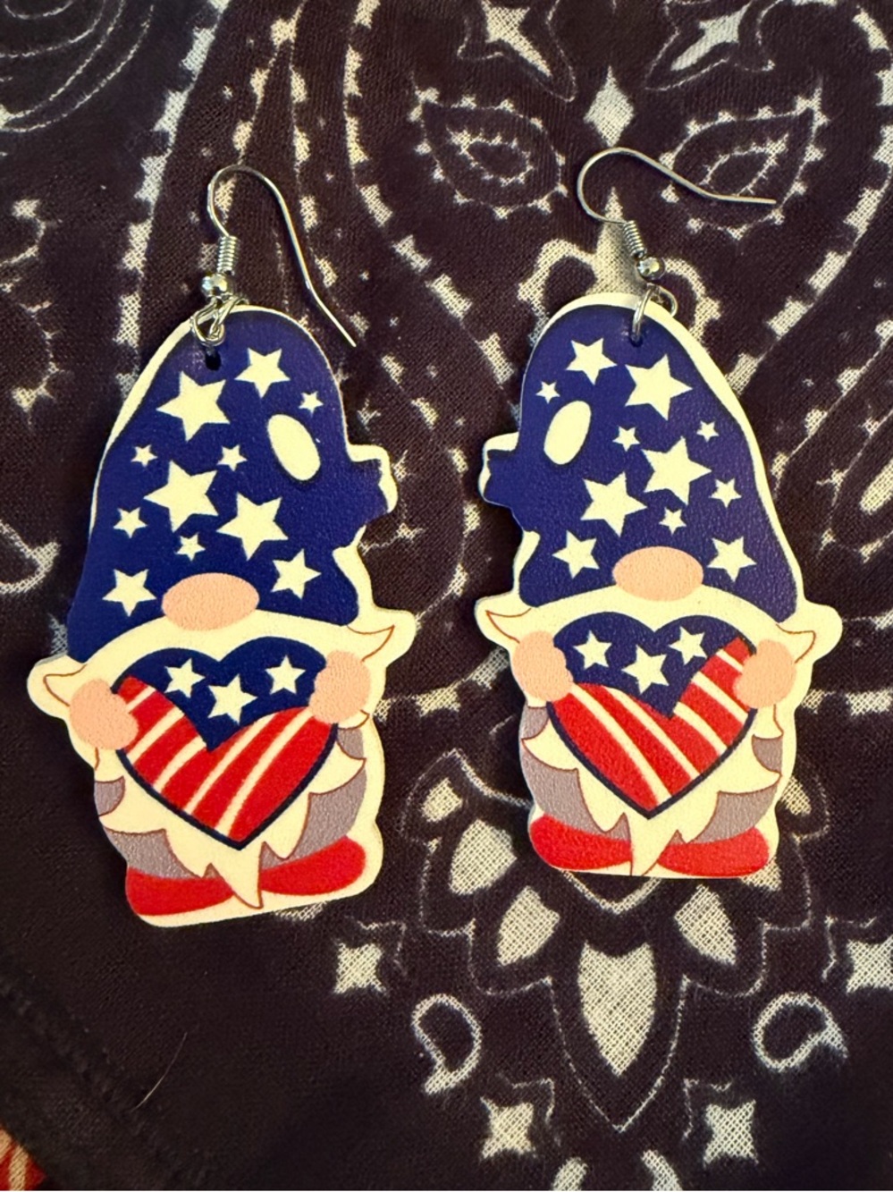 Patriotic Gnome Heart Dangle Earrings - Stars & Stripes